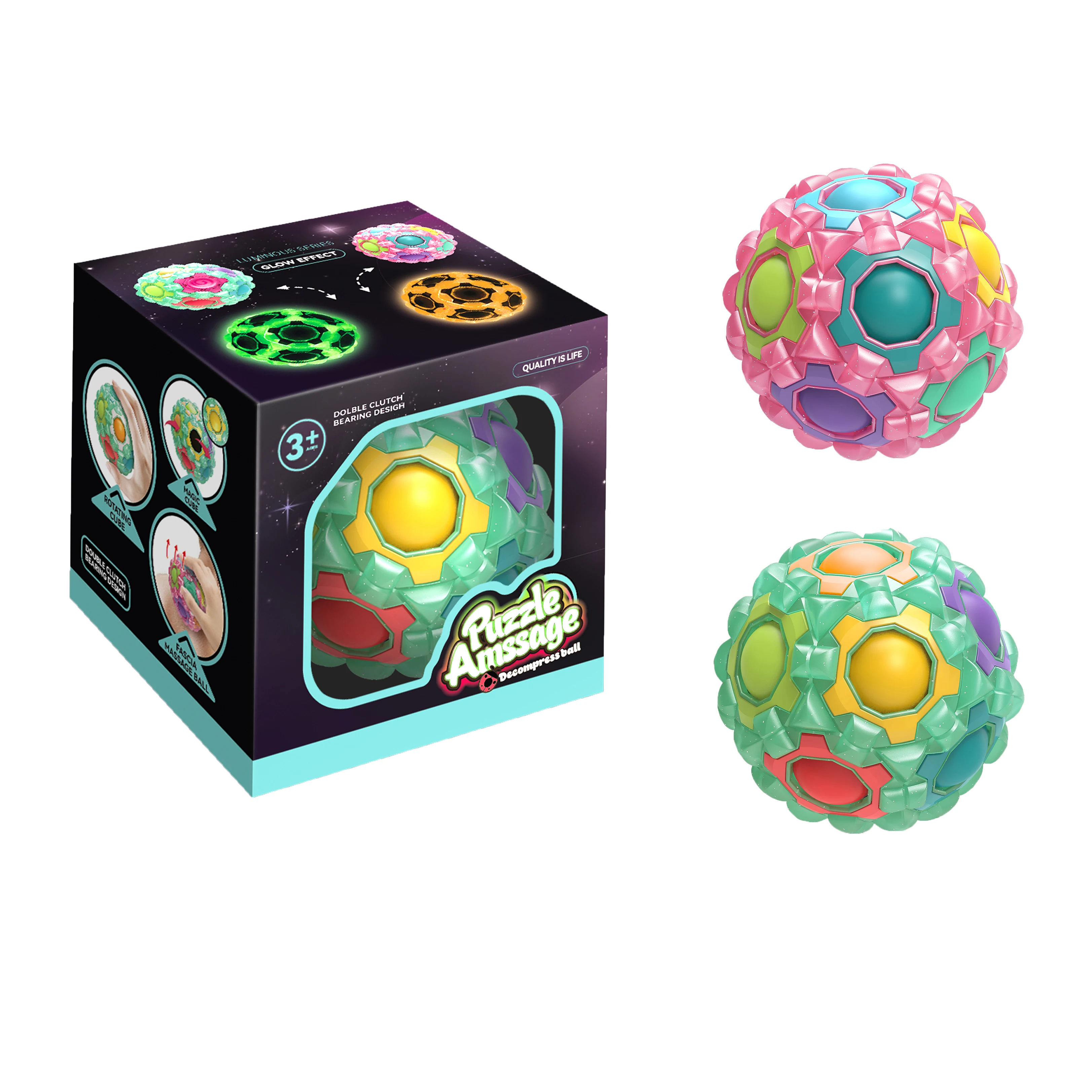 Luminous Bearingless Multifunctional Magic Cube Ball Fingertip Double Rotation Speed Push Color Discrimination Game Ball 2A/S