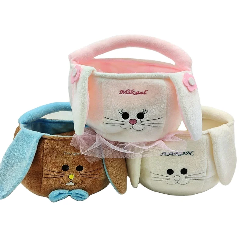 Wholesale Embroidered Easter Plush Toy Basket Long-eared Bunny Gift Basket Cute Baby Kids Storage Plush Easter Baskets
