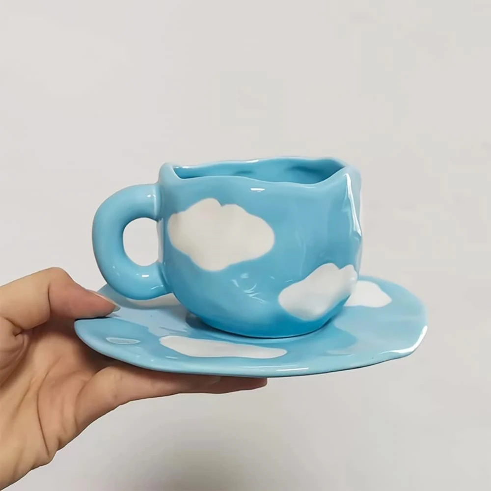 Hot sale nordic style 10oz ceramic cloud tea cups set with saucer cute porcelain coffee cup reusable eco-friendly