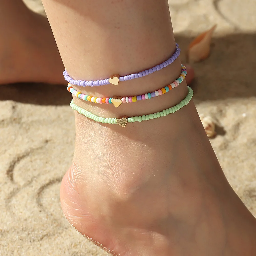 Beach Small Fresh Rice Bead Anklet Set Heart Colorful Bohemian Boho Jewelry Foot