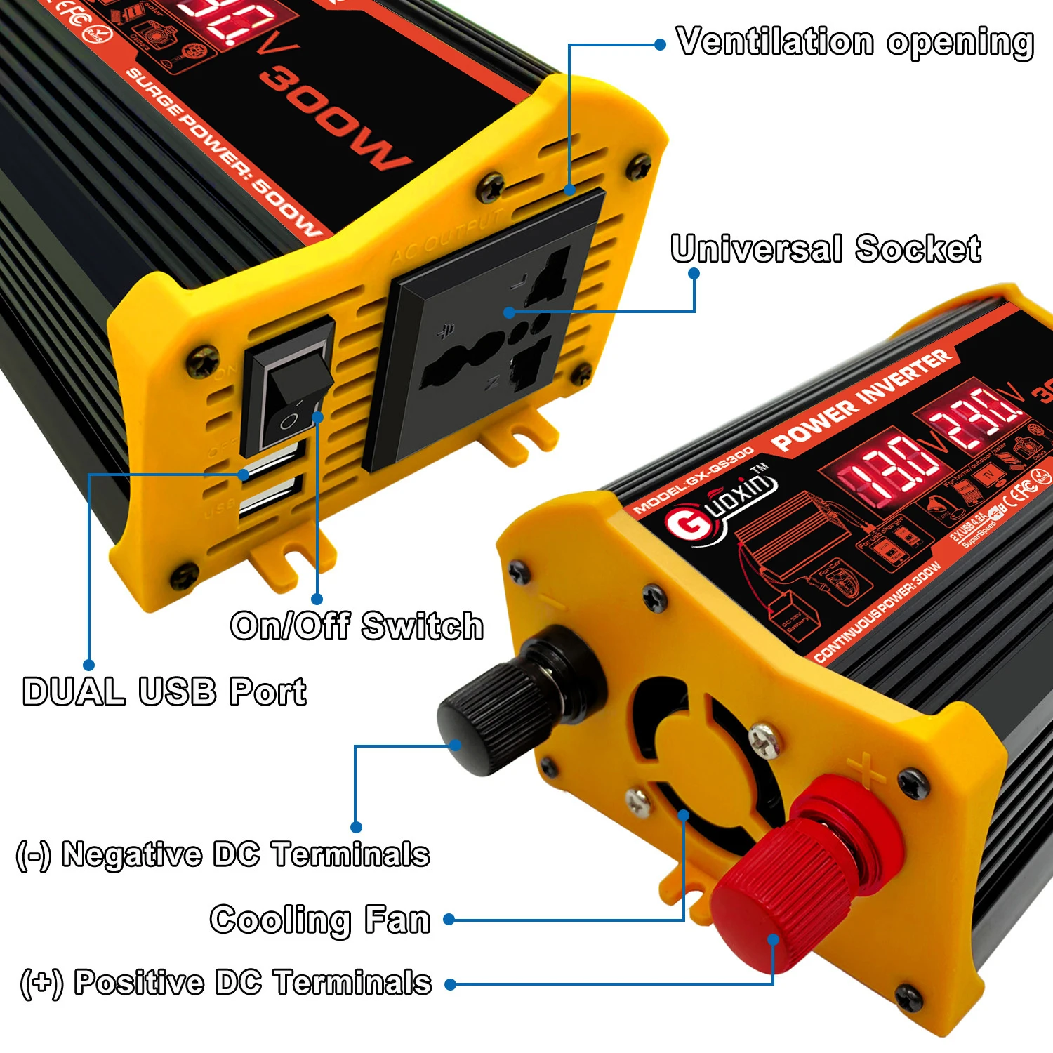 New Type Solar Inverter of 300W 12v Modify  Sine Wave Converter Max USB SGP Power Fan ROHS Protection Output Weight Cooling