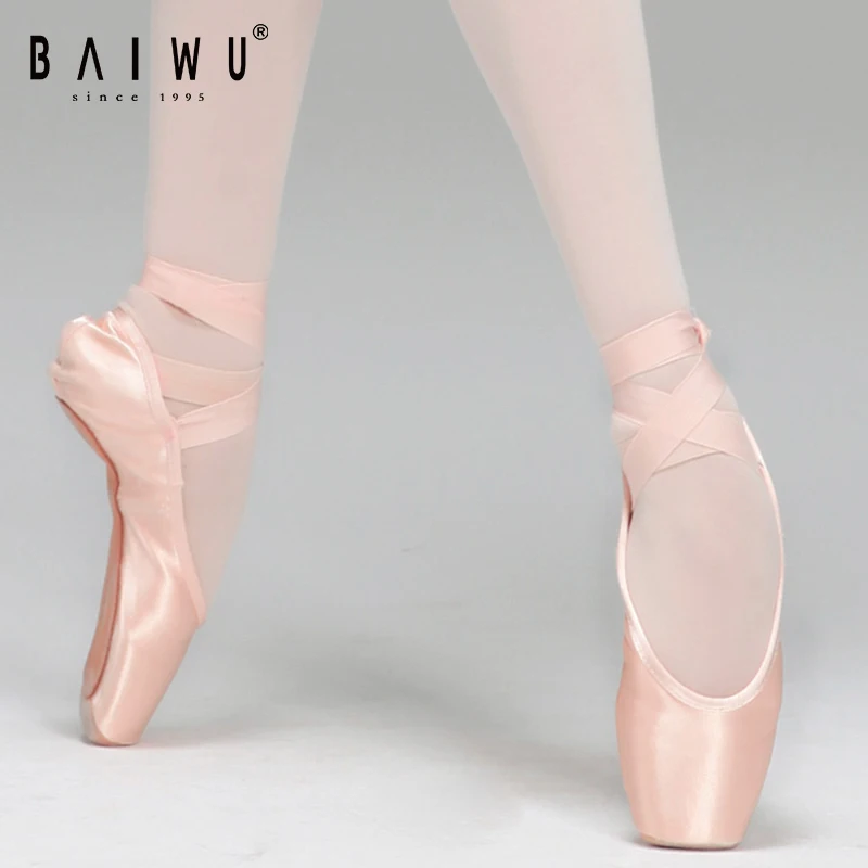 06B5B101 Baiwu Quality Genuine Leather Sole Satin Soft Pink Training Performance Dance Shoes For Women Girls Pointe Ballet Shoes