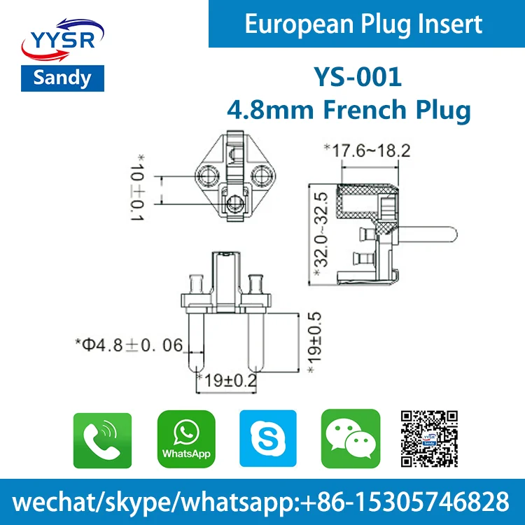 YS-001 french germany plug insert 4.8MM 10/16A VDE approved pin bridge