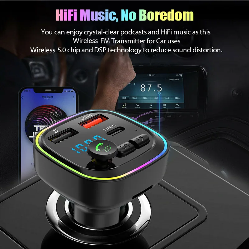Qc3.0 Fast Charging Wireless Handsfree Car Kit Stereo Bass Fm Modulator Transmitter Car FM Transmitter Type C Car Mp3 Player