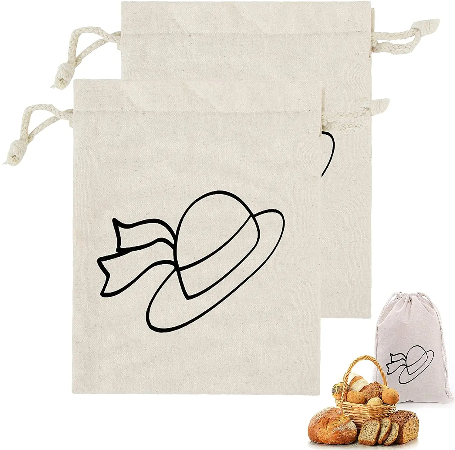 Custom Logo Flat Bottom Cotton Fabric Drawstring Bag Full Printed Gray Food Grade Face Cotton Drawstring Bag