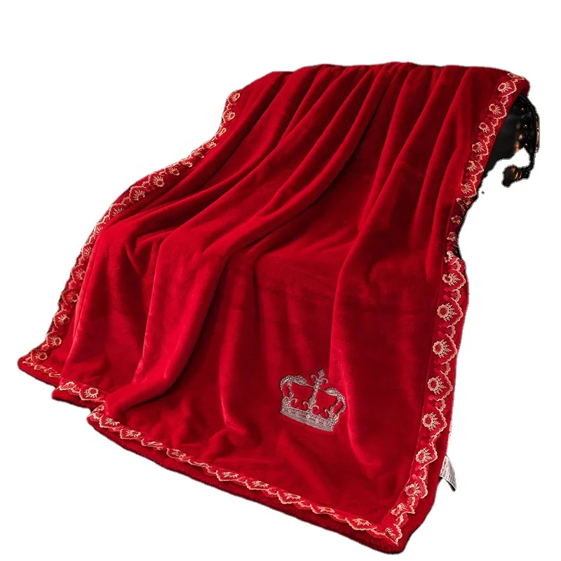 Mink Velvet Embroidered Blanket Double Raschel Not Fade Thickened Warm Luxury Blanket Suitable for Bedroom Wedding King Blanket