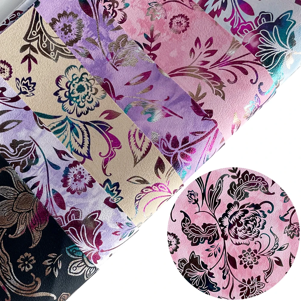 Retro Style Leatherette Laser Floral Pattern Design PU Faux Synthetic Leather Flower Printed Artificial Fabric For Bags Crafts