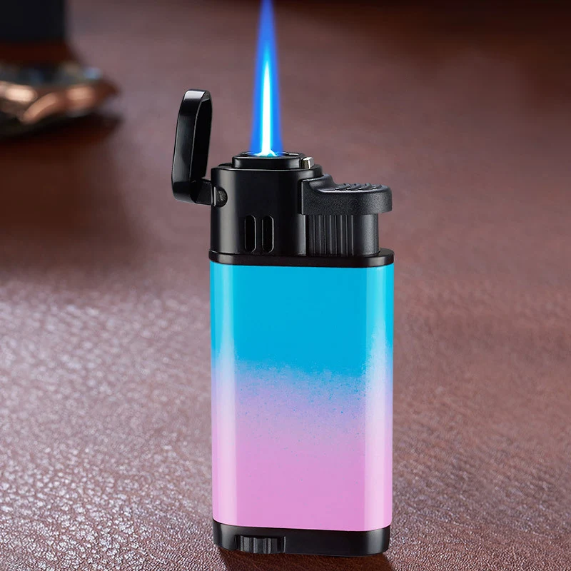 wholesale lighters New Blue Flame Metal Inflatable Lighter Creative Windproof Double Fire Butane Jet Turbo Lighters Fun Gift
