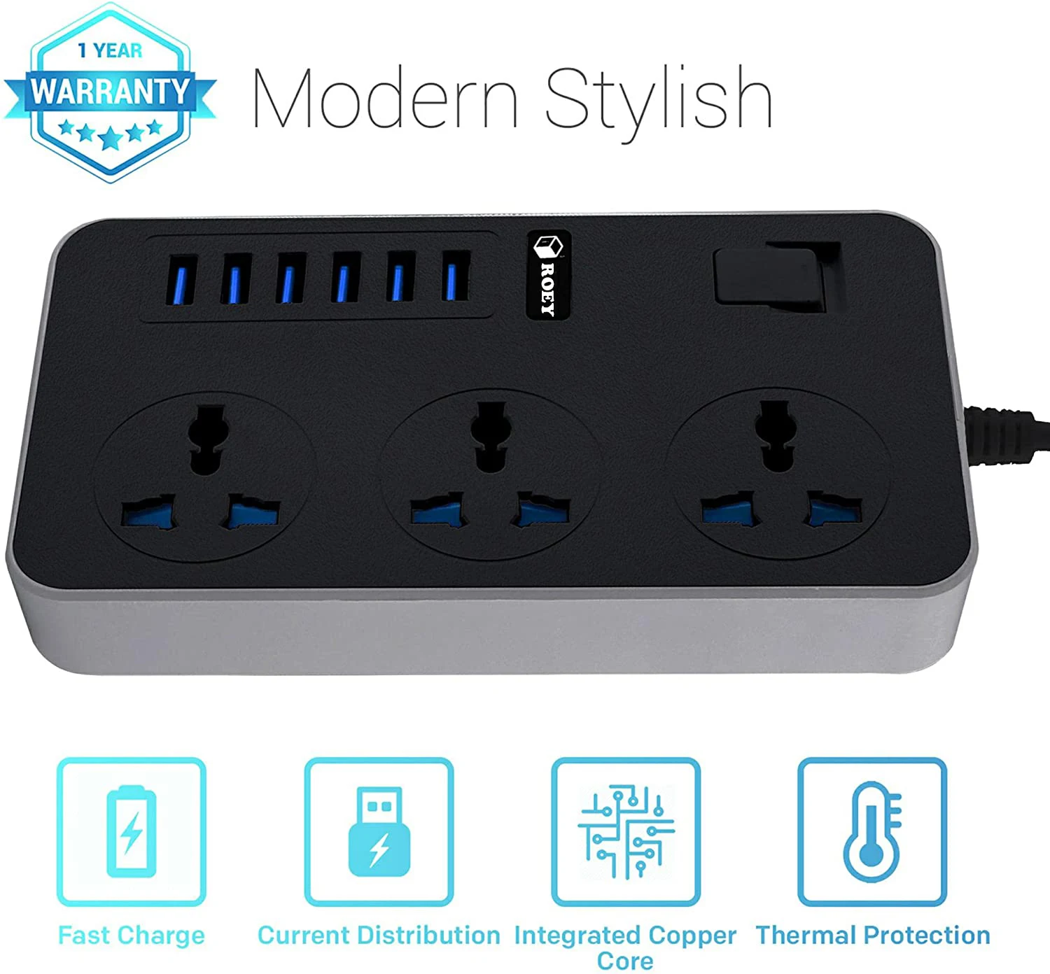 Universal Extension Lead with 6 USB Ports/2 Meter Cable Power Strip Surge Protector/3 Way Gang Power Socket