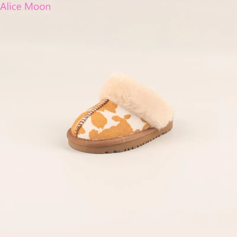 Milk Cow Print Closed Toe Fluffy Slipper for Mommy and Me Winter Warm Home Thicken Cotton Plush Real Leather Slipper Women Shoes