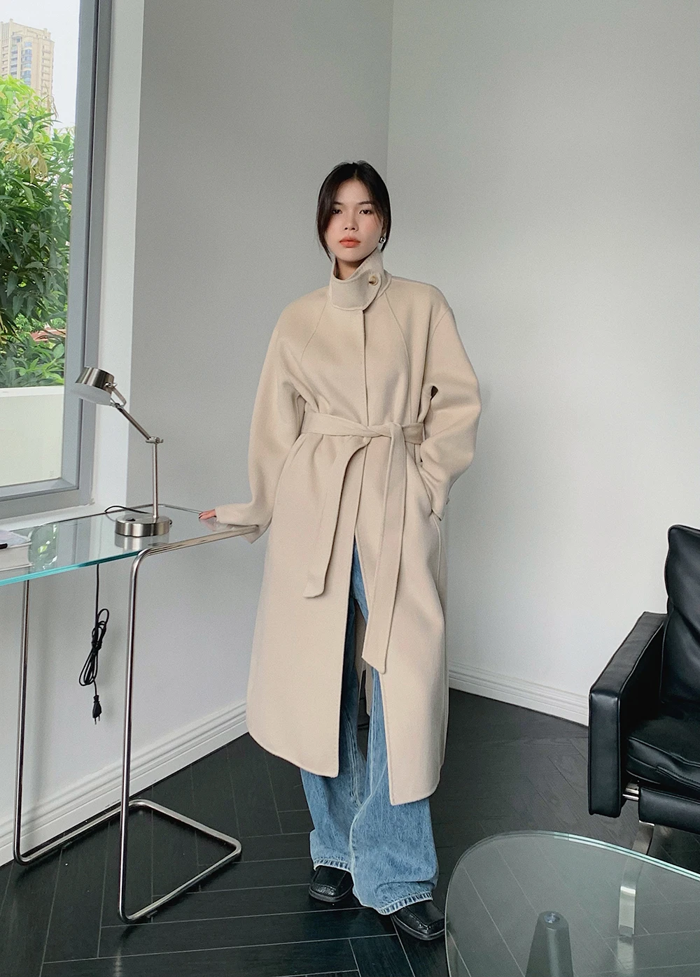 premium workmanship office lady luxury long camel beige double sided 100% wool trench coat for women