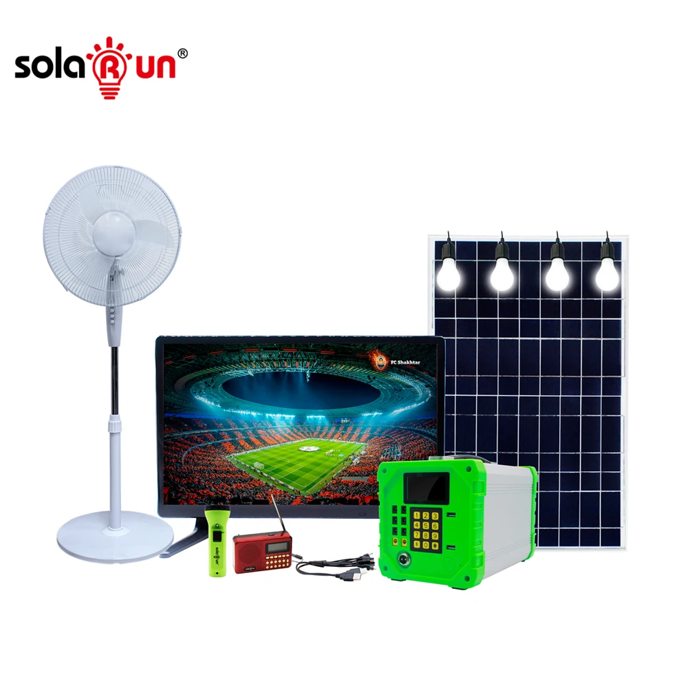Off-grid Solar System Paygo Lighting and Phone Charging Powered by Solar Panel Standing TV Fan Cooling