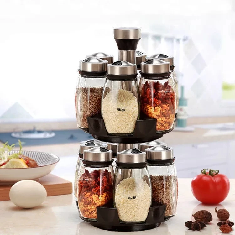 Rotating glass spices seasoning pot rack 6 pcs set revolving spice bottle jars rack spices container kitchen