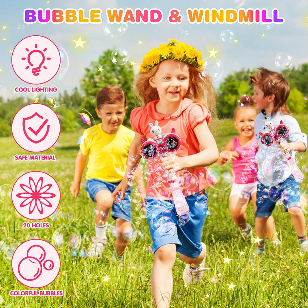 Backyard Soap Water Toy With Light Funny 20-Hole Rabbit Rocket Bubble Wands For Kids Windmill Electric Bubble Blower Machine Toy