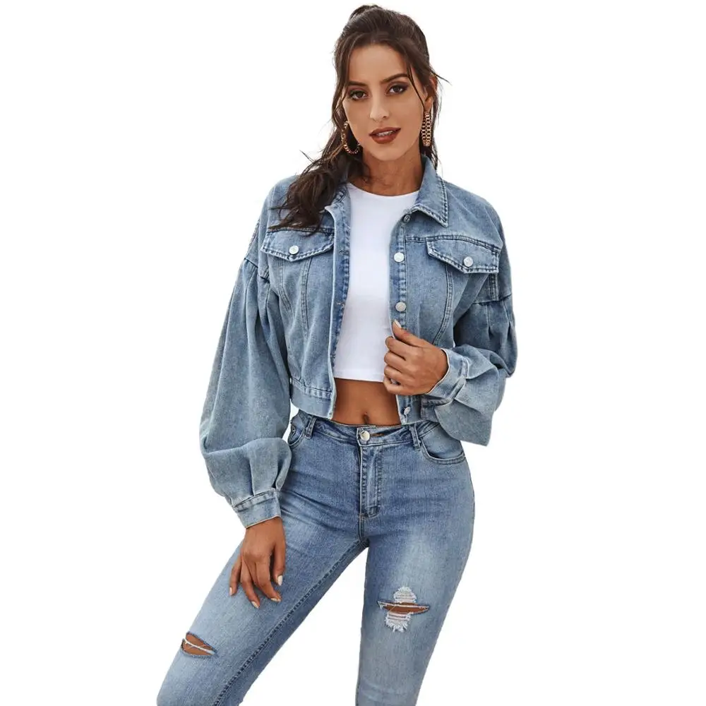 Ready made  puff sleeve denim jacket oversize denim jacket women fashion washed crop jean jacket wholesale