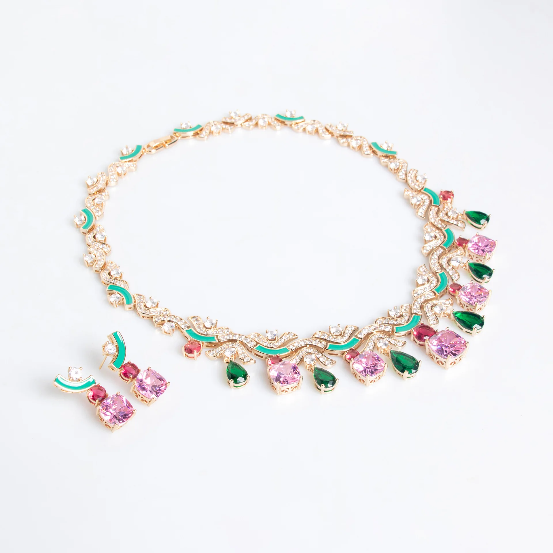 Wholesale Bridal Costume Jewellery Gifts Colorful CZ Diamond 4 Pieces Branches Women Wedding Jewelry Set