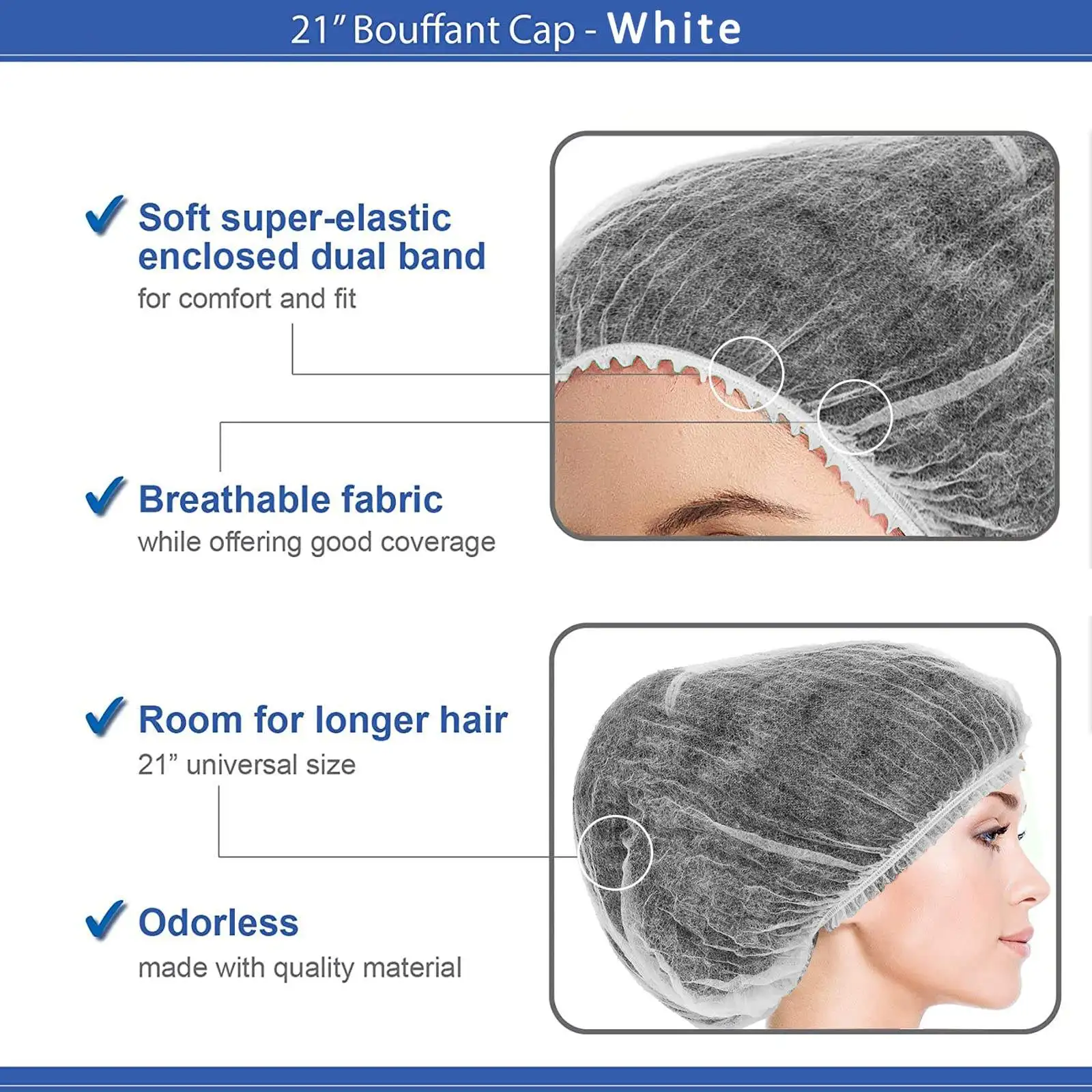 Disposable Bouffant Cap Non Woven White Disposable Mob Cap Head Cover Surgical Doctor Hat Bouffant Medical Dust Caps Clip Strip