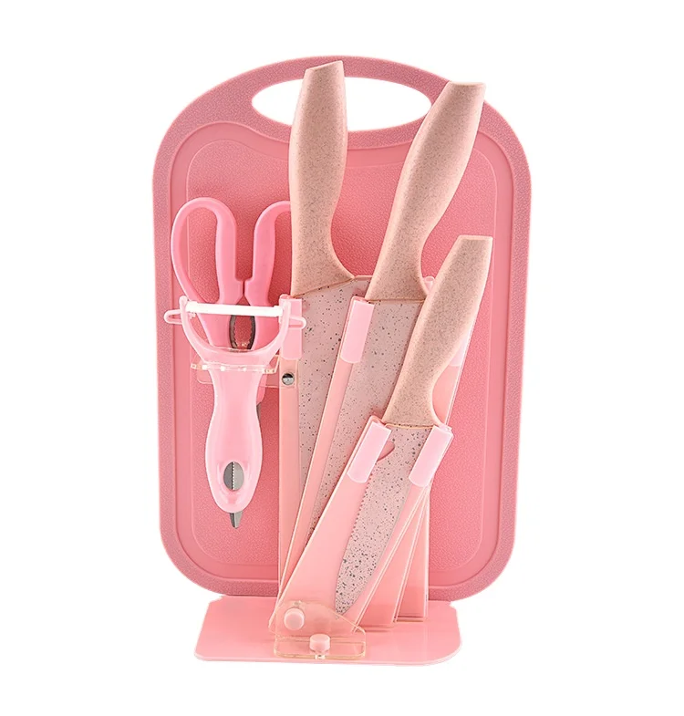 Kitchen Accessories - 7pcs Pink Kitchen Knife Set with Cutting board and Scissors