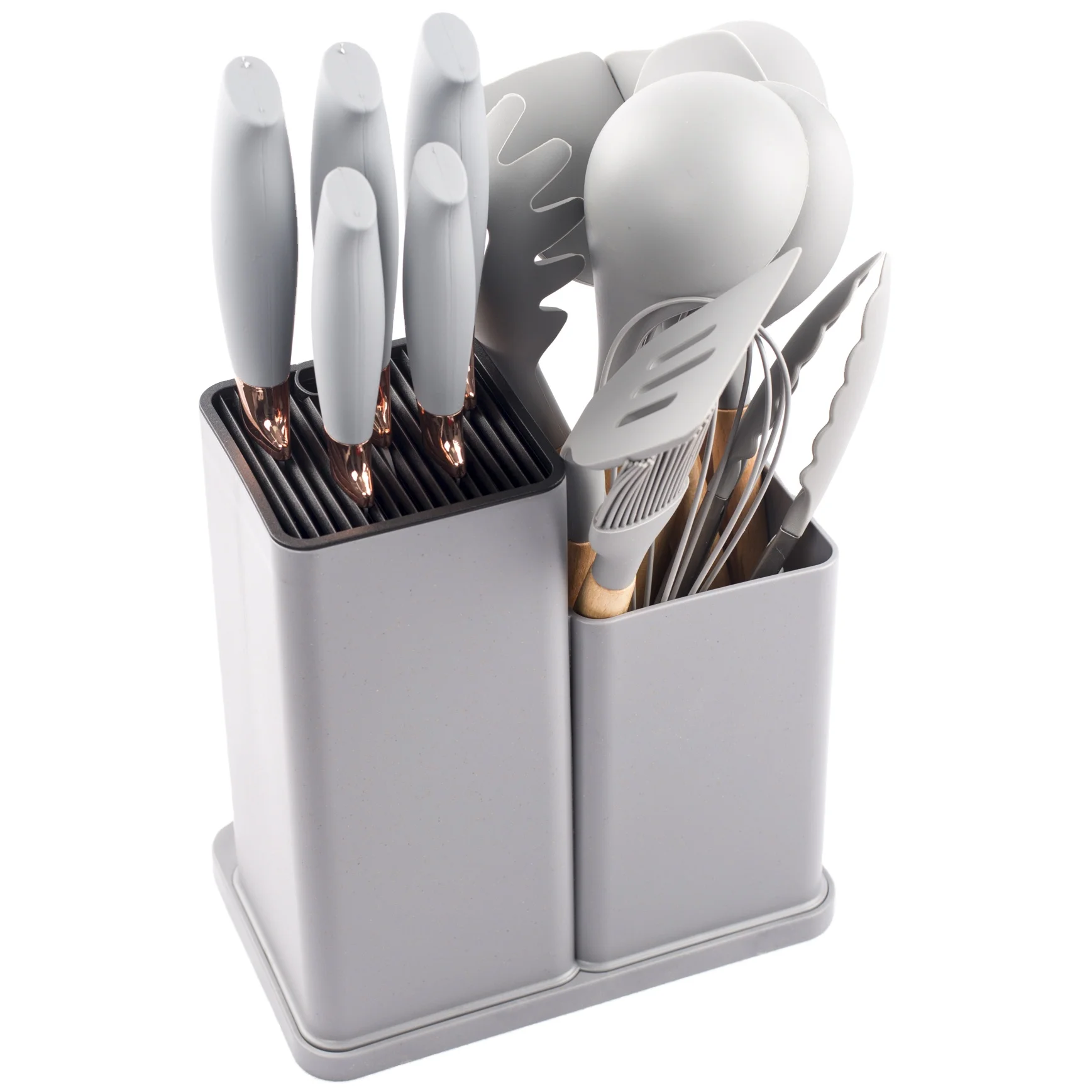 New design set of kitchen equipment accessories 19pcs grey silicone utensil kitchen knife with cutting board kitchen gadgets set