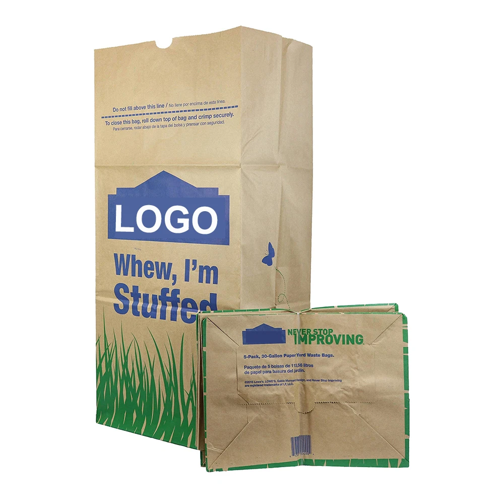 Custom Logo Printed 30 Gallon Heavy Duty Thick Kraft Paper Brown Bag Lawn And Leaf Refuse Paper Bags For Home And Garden