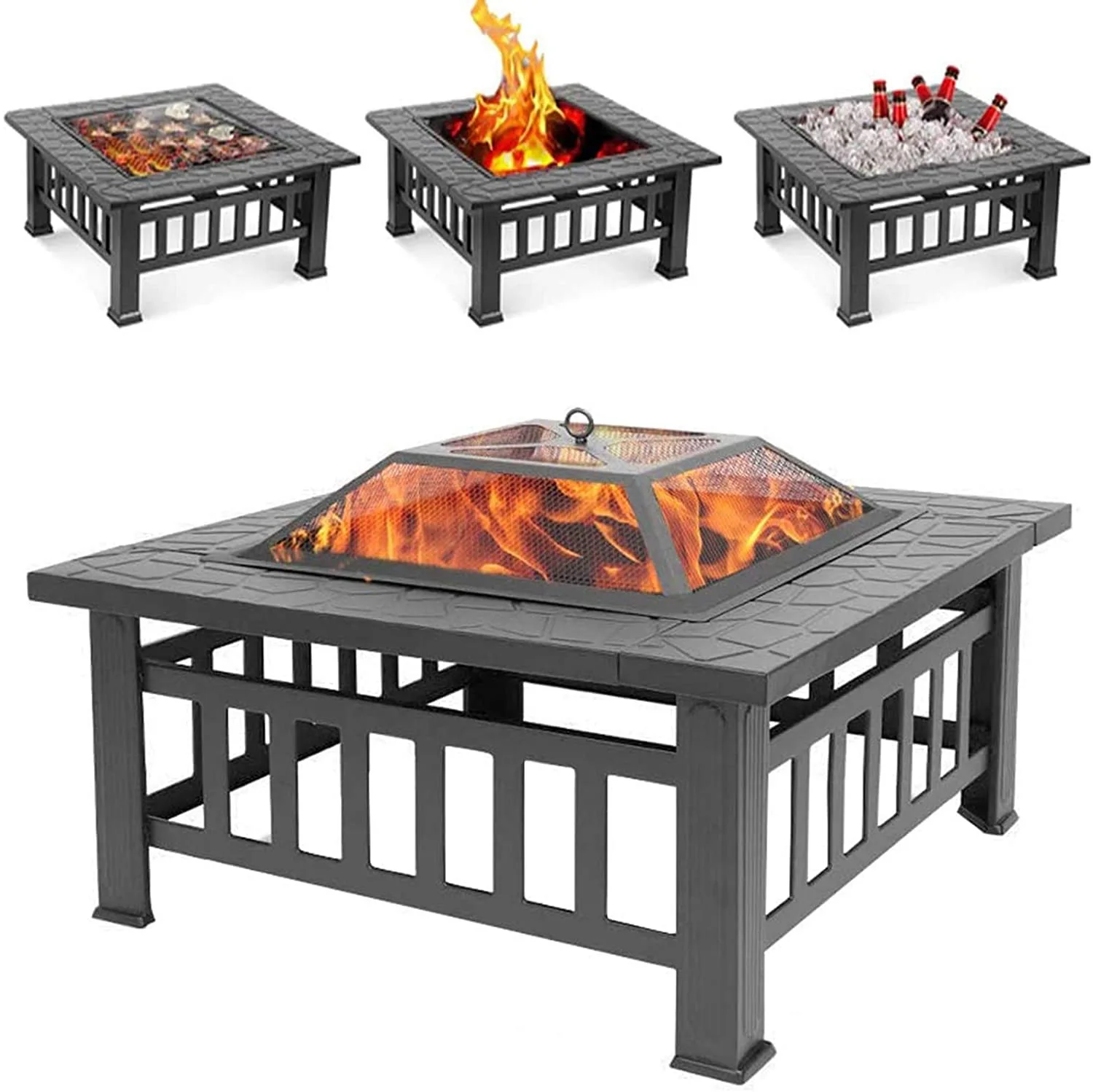 3 in 1 BBQ Grill Exterior Fire Pit Patio fire pits wood burning with grill and waterproof protective cover