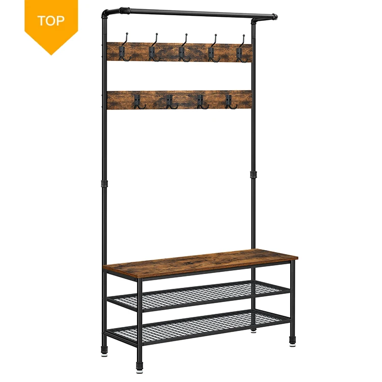 VASAGLE Metal Frame Hall Tree Stand Industrial Hallway Coat Tree Wooden Coat Rack With Shoe Storage