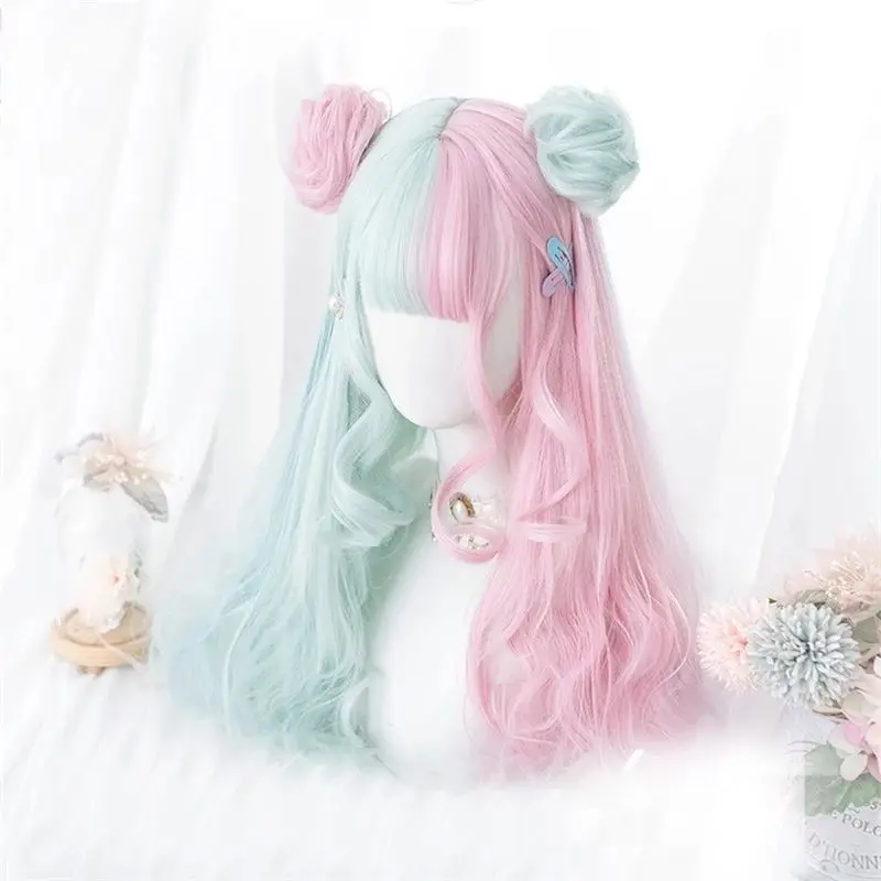 Mcoser Wholesale 57CM Lolita Makaron Color Pink Mixed Mint Green Blue Ombre Long Curly Bangs Cute Synthetic Buns Cosplay Wig