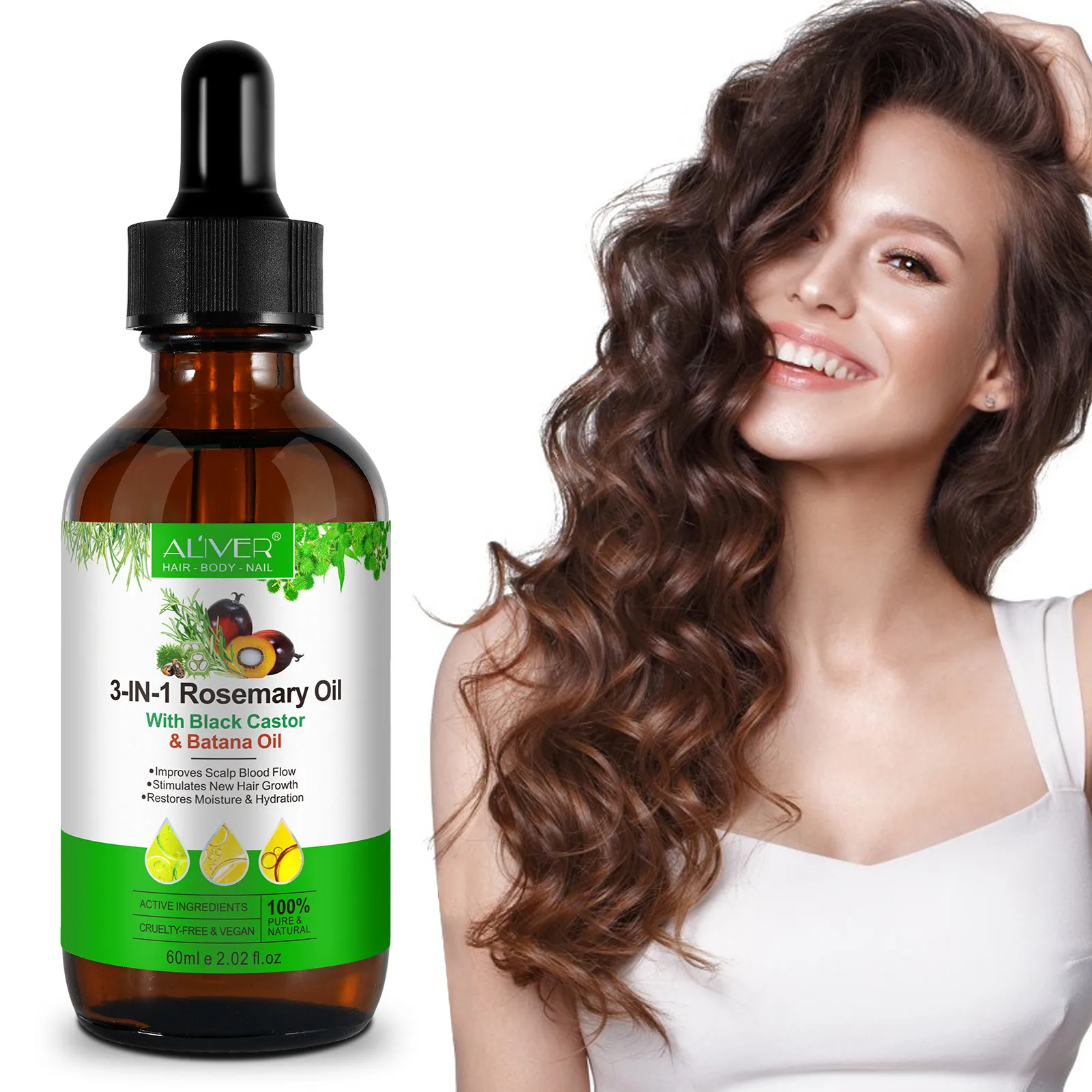 ALIVER stimulates scalp natural herbal miracle skin anti aging 3in1 rosemary black castor batana essential oil hair growth oil