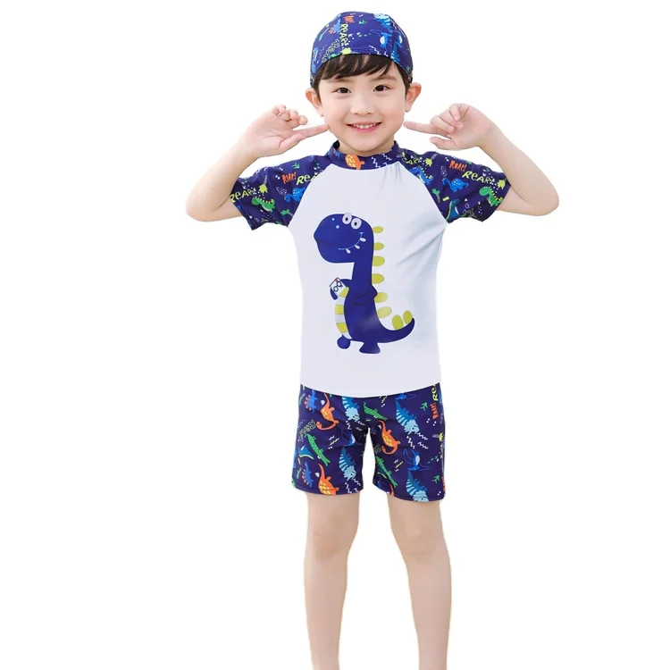 Boys Swimwear Set Dinosaur Cartoon Sublimation Swimwear With Hat Two Pieces Short Sleeve Summer Swimsuits For Boys