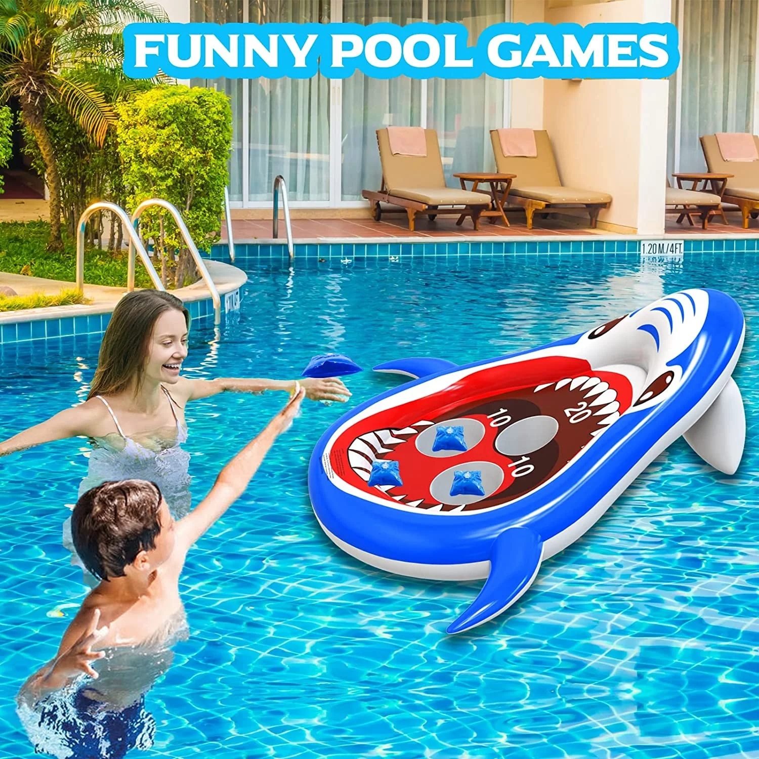 Inflatable Shark Swimming Pool Toys Floating Toss Game for Family Cornhole Bean Bags for Pool Party Water Outdoor Toys