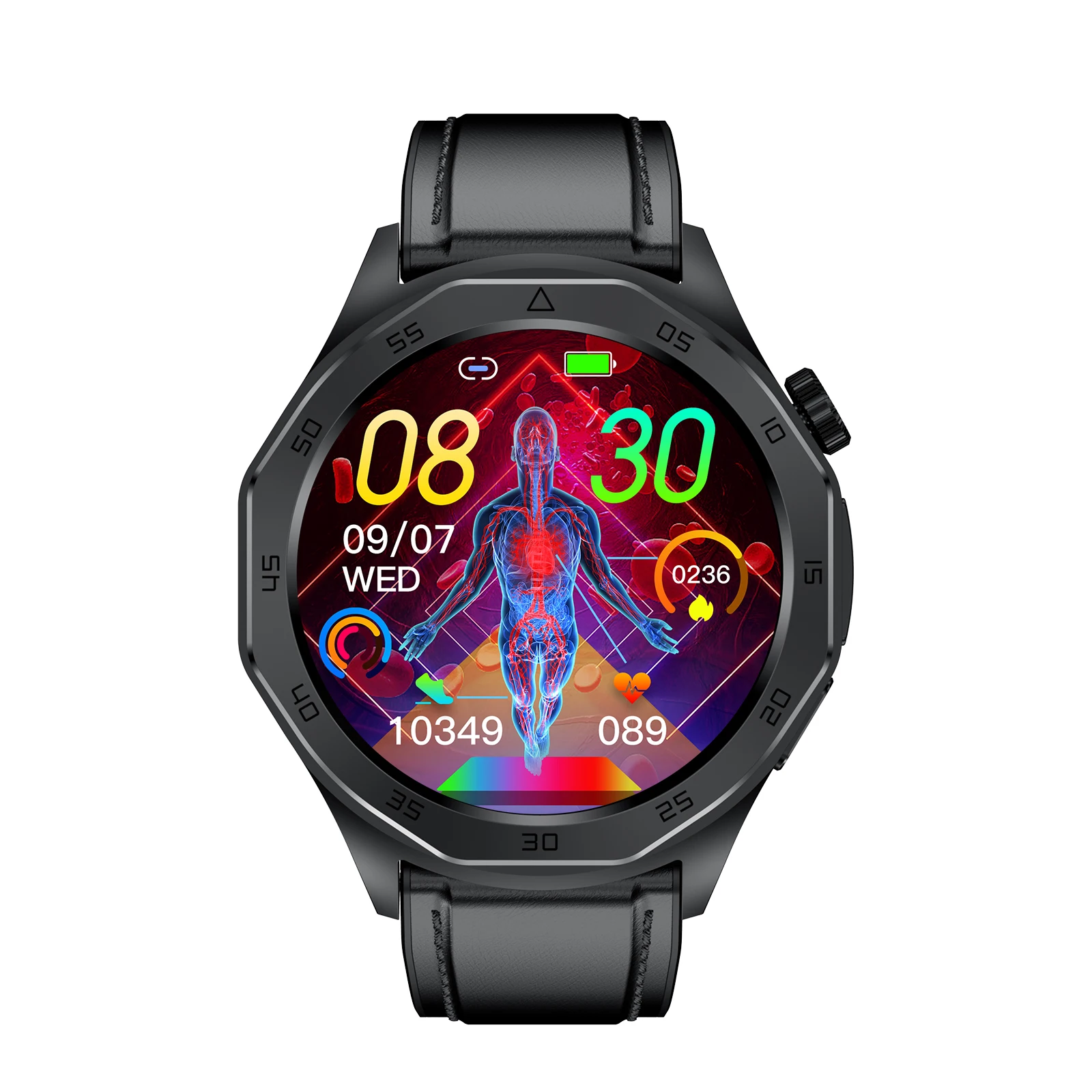 Health Smartwatch ET480 1.43 Inch With LEATHER Strap Amoled Screen ECG SOS Uric Acid Blood Lipid Changes Real Time Heart Rate