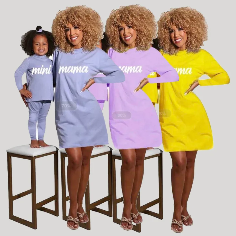 C193-1 wholesale custom logo baby dresses little girl fall solid mama mini sets pajamas two piece set mommy and me outfits