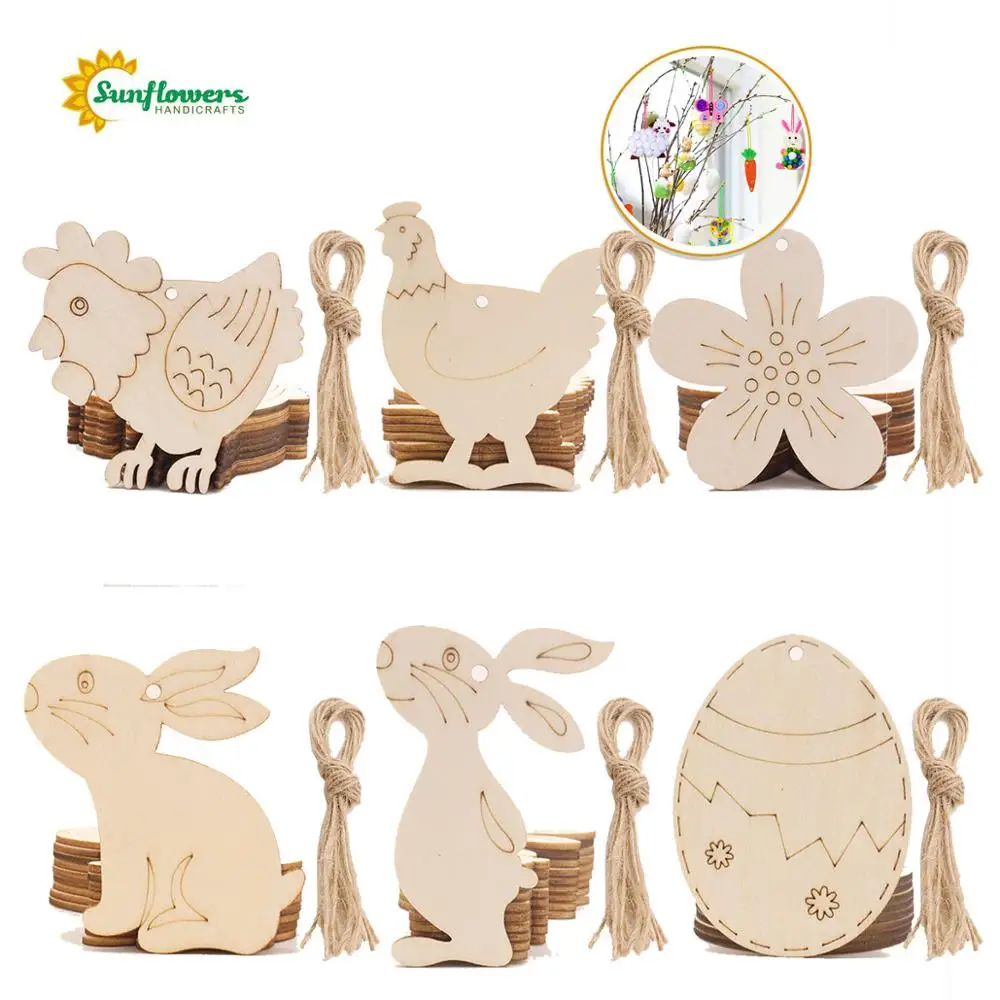 
Easter Wood Ornaments Bunny Chicken Egg Flower Shapes with Drawing Pen for DIY Easter Party Decorations 