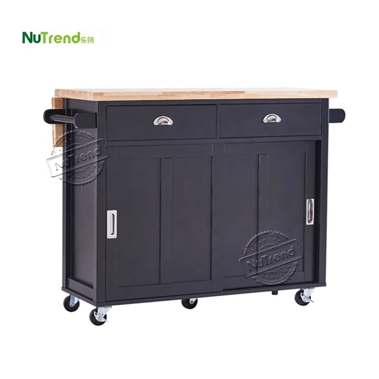 Black Wood Extendable Top Rolling Storage Trolley Cabinet on Wheels Movable Kitchen Table Islands Cart