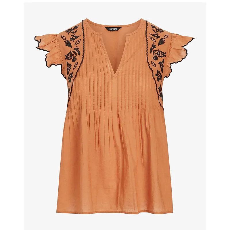 Женский хлопковый топ с V-образным вырезом и цветочной вышивкой