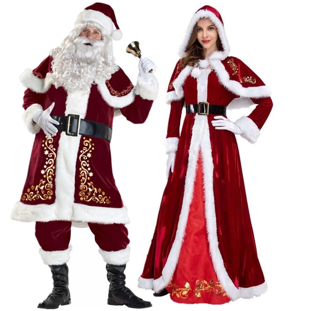 Plus Size Velvet Adults Christmas Costume Cosplay Couple Santa Claus Clothes Fancy Dress Xmas Uniform Suit For Men Women