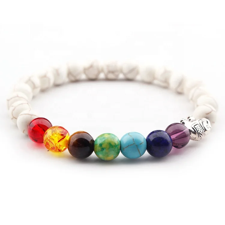 White Crystal Beaded Stretchy Turquoise Howlite Bangle 7 Chakra Elephant Bracelet