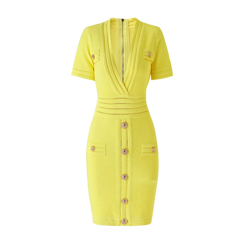 2024 New ready to ship or custom high quality top fashion v neck knitted yellow dresses women elegant