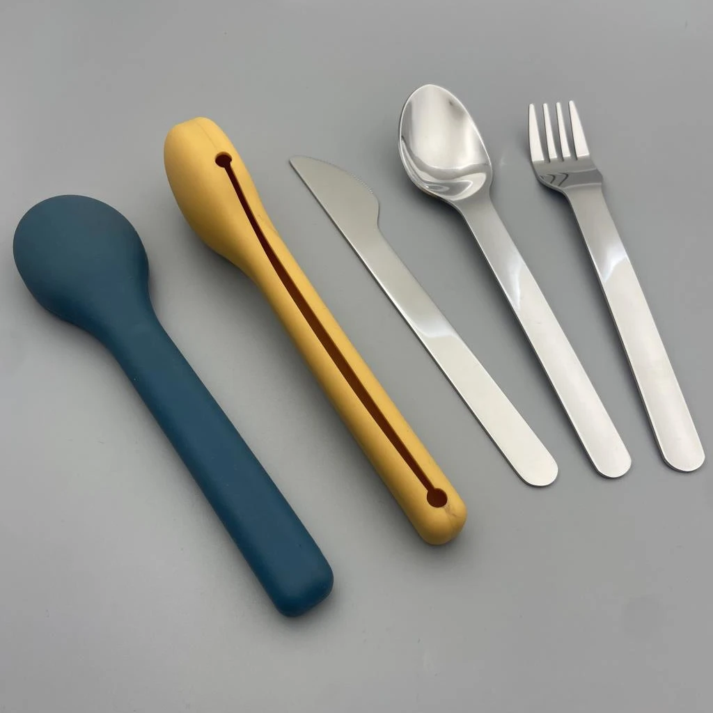 Giveaway travel promotion gift portable cutlery silicone pouch case stainless steel spoon fork and knife set