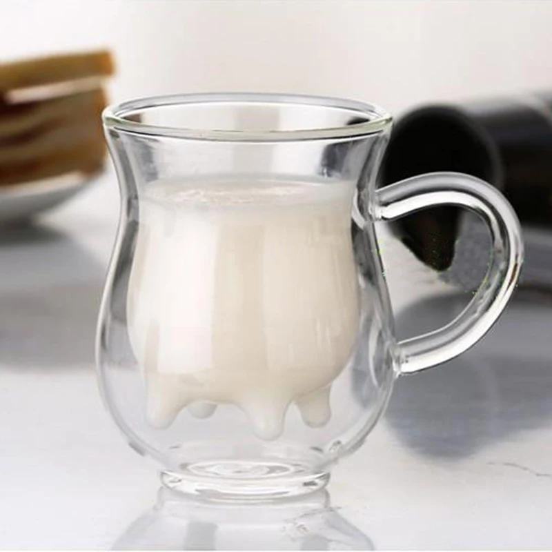 Hot Selling Double Wall Glass Cow Milk Tea Cup, Heat Resistant High Borosilicate Glass Milk Mug With Handle 350ml