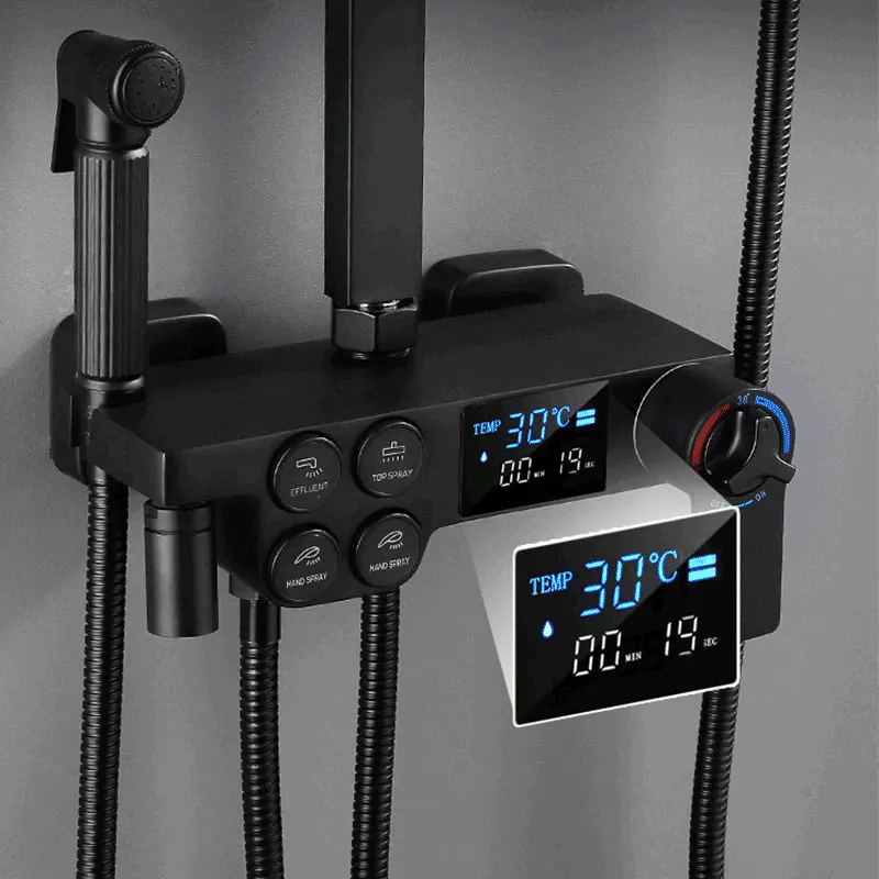 RTS Push Button Water Power Brass Digital Mixer Faucets Rainfall Thermostatic Shower Set Luxury Digital Bath Shower System Set