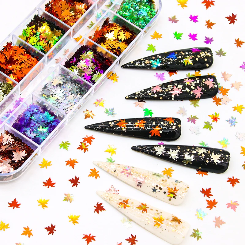 12 Grids Mixed Color Gradient Leaves Nail Art Decoration Glitter Powder Christmas Autumn Maple Nail Sequins