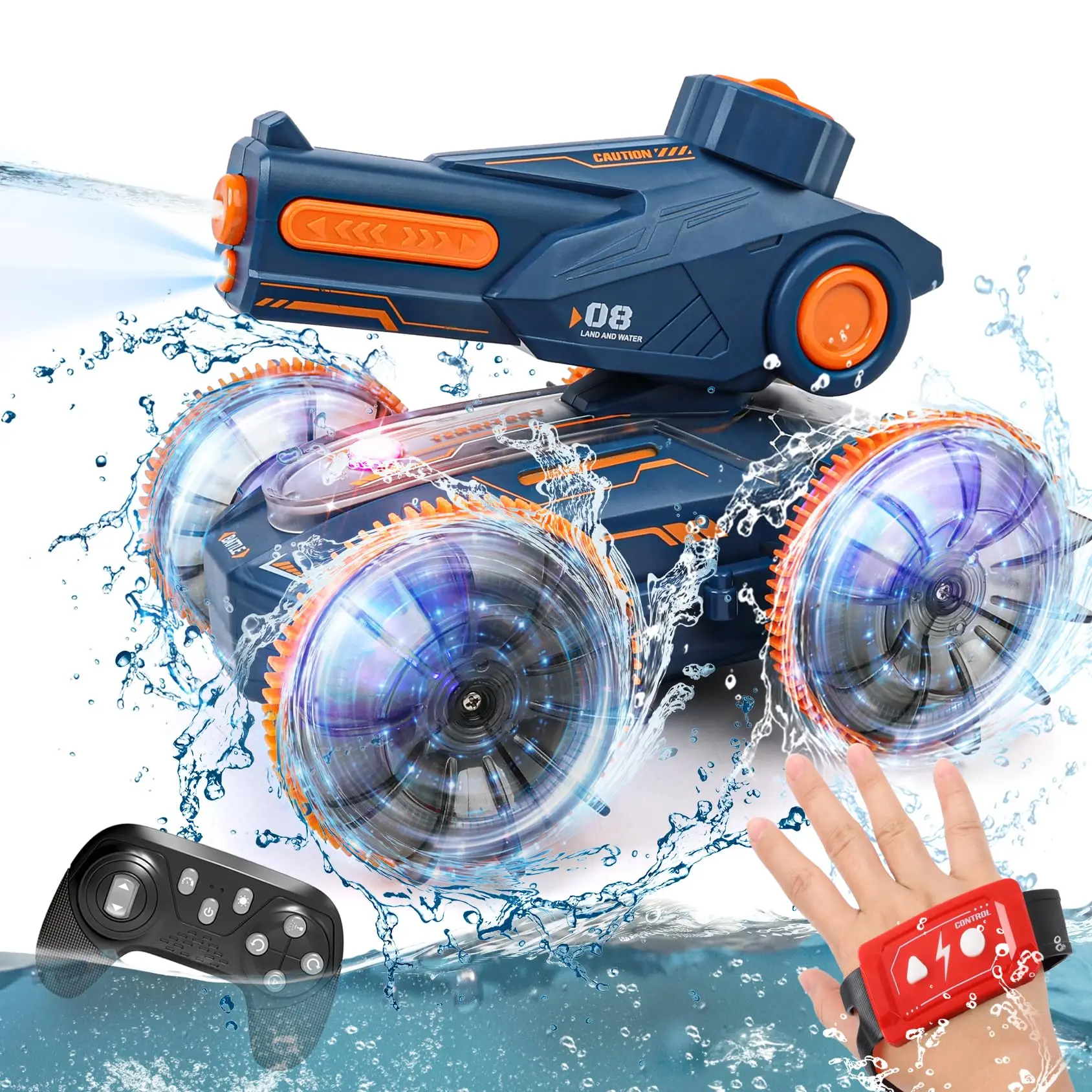 2024 Innovative Trends 2.4GHz 4WD Dual Control 3in1Amphibious Remote Control Car Tank Toy Water Squirt RC Stunt Car With Lights
