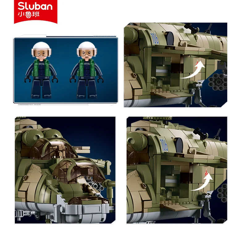 Sluban Building Block Toys B1137 MI-24S 3 IN 1 Armed Transport Helicopter Machine 893PCS Bricks Compatible With Leading Brands