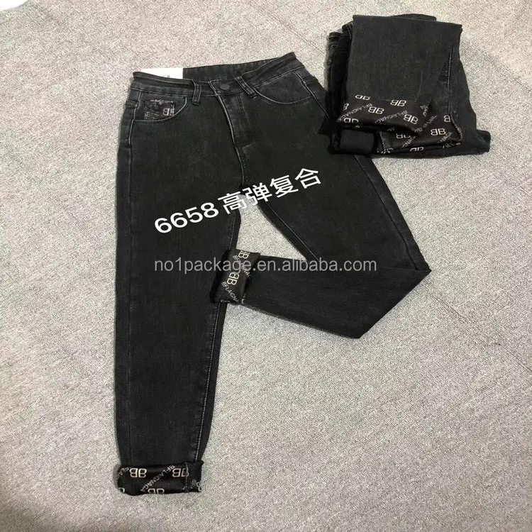 3.55 Dollar Model YH-AW003 Good Quality Wholesale Ladies Pure Black Thick Material Autumn Winter Low Rise denim jeans