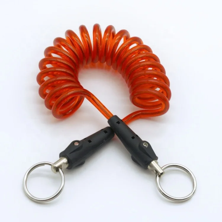 High Quality 5mm Thickness Plastic Quick Release Spiral Safety Tool Lanyard With Double 6*60 Swivel 304 Carabiner Details