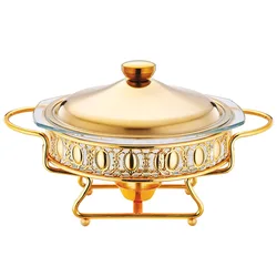 New Gold Round Glass Buffet Stove 2.0L Food Heating Container Dining Table Dry Fondue Alcohol Stove