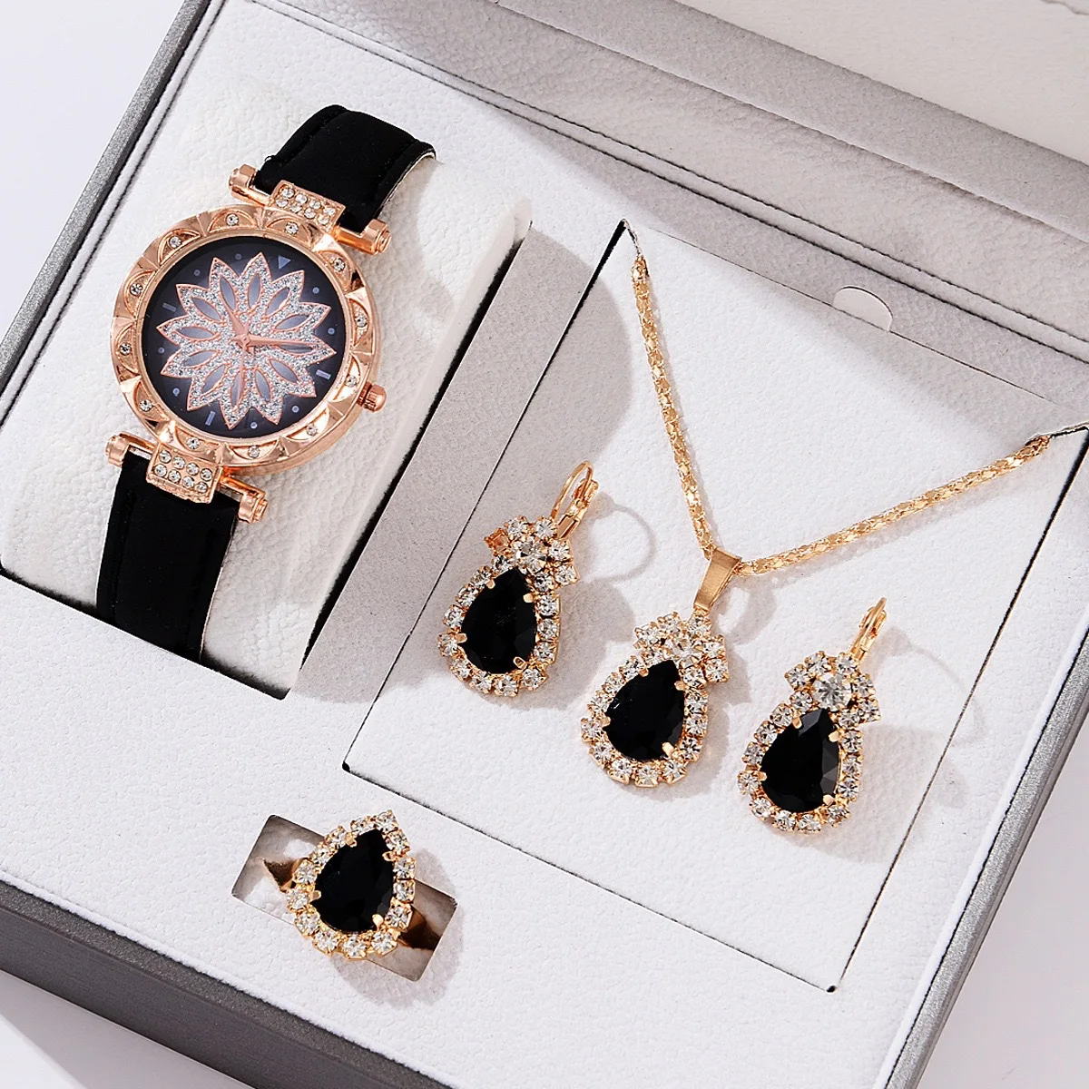 women watch set Hot Selling 4 Pcs Pu Watch Set Colorful Drop Pendants Earrings Bangle Jewelry Set For Women