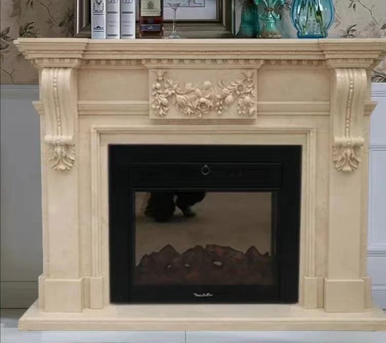 New Beige Natural Stone Hand Carving Marble Fireplace Surround Home Decor Marble Fireplace Mantel