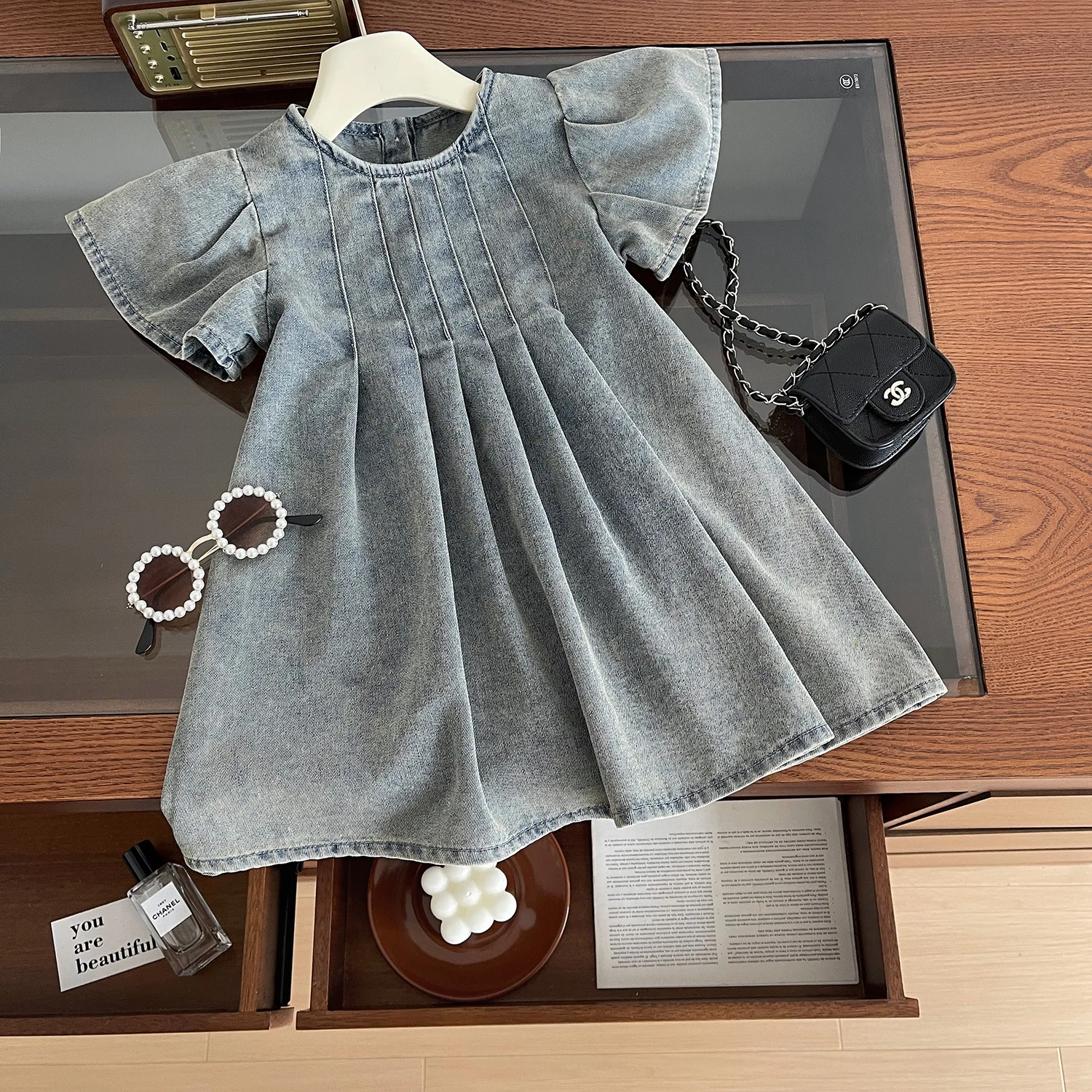 Girls Baby Denim Dresses 2024 Fashion Kid Girl Solid Costumes Kids Sweet Vestidos Children Ruched Clothing 3-7 Years